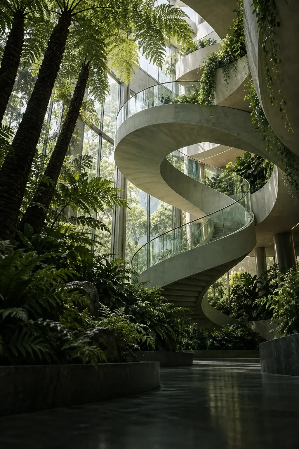 A spiral staircase connecting the levels of a lush botanical atrium